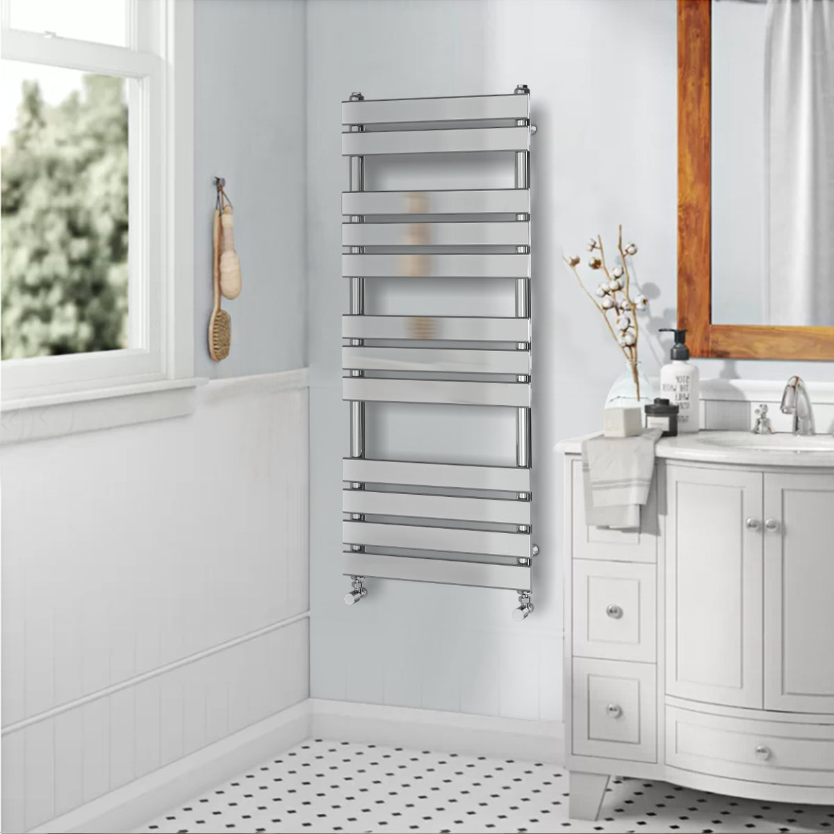 Valeno 1200x500mm Chrome Heated Towel Rail – Flat Panel, Vertical Mount, Polished Finish
