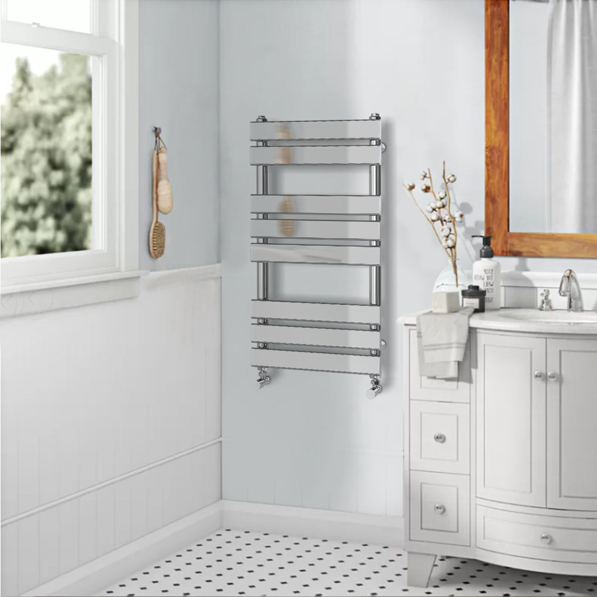 Valeno 800x450mm Chrome Heated Towel Rail – Flat Panel, Vertical Mount, Polished Finish