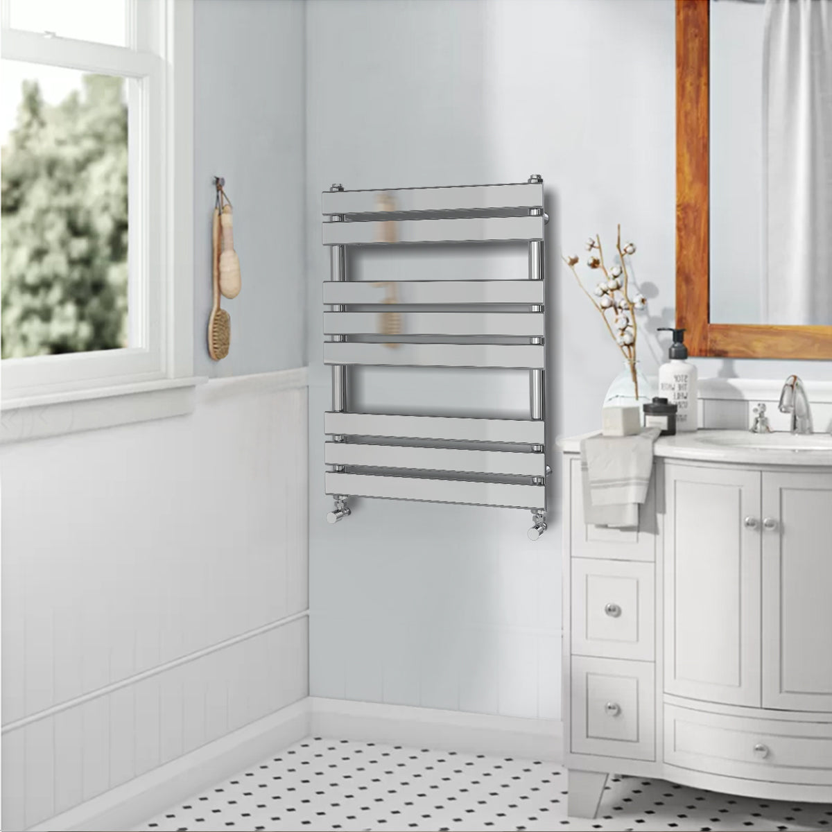 Valeno 800x600mm Chrome Heated Towel Rail – Flat Panel, Vertical Mount, Polished Finish