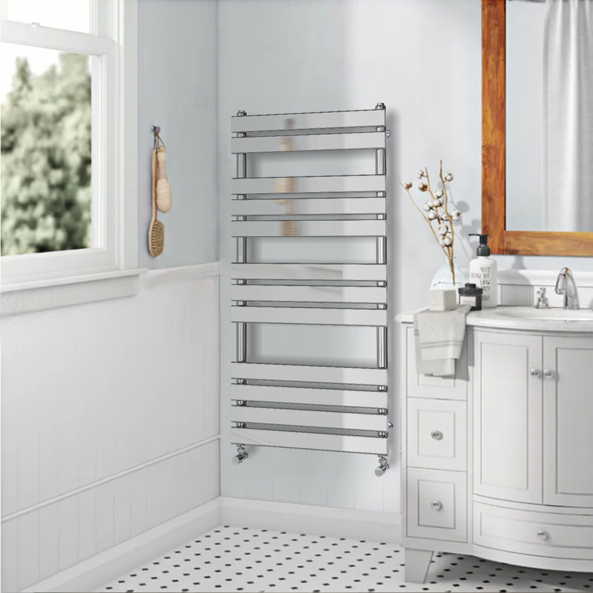Valeno 1200x600mm Chrome Heated Towel Rail – Flat Panel, Vertical Mount, Polished Finish