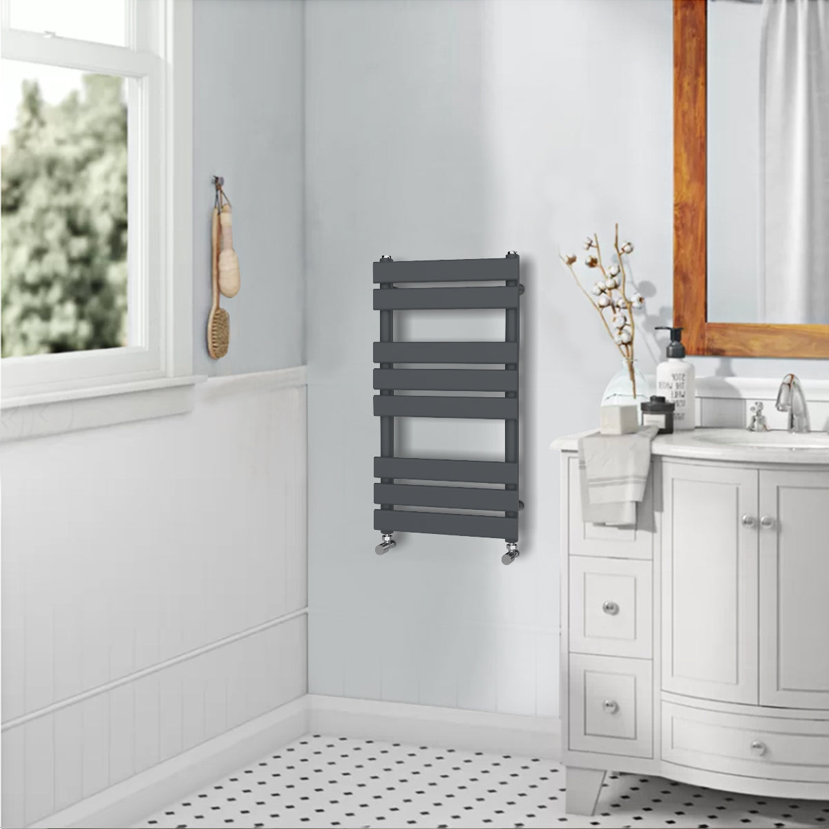 Valeno 800x600mm Grey Heated Towel Rail – Flat Panel, Vertical Mount, Matt Finish