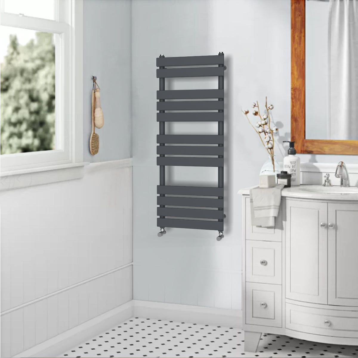 Valeno 1200x500mm Grey Heated Towel Rail – Flat Panel, Vertical Mount, Matt Finish