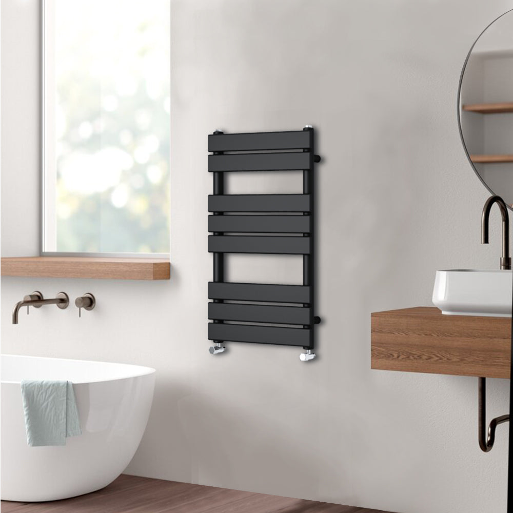 Valeno 800x450mm Black Heated Towel Rail – Flat Panel, Vertical Mount, Matt Finish