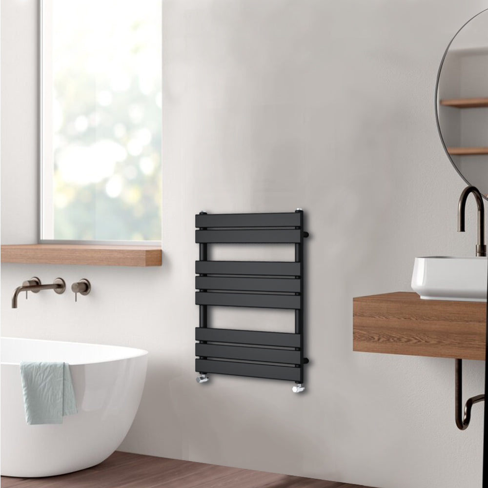 Valeno 800x600mm Black Heated Towel Rail – Flat Panel, Vertical Mount, Matt Finish