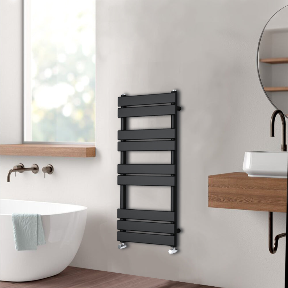 Valeno 1000x450mm Black Heated Towel Rail – Flat Panel, Vertical Mount, Matt Finish