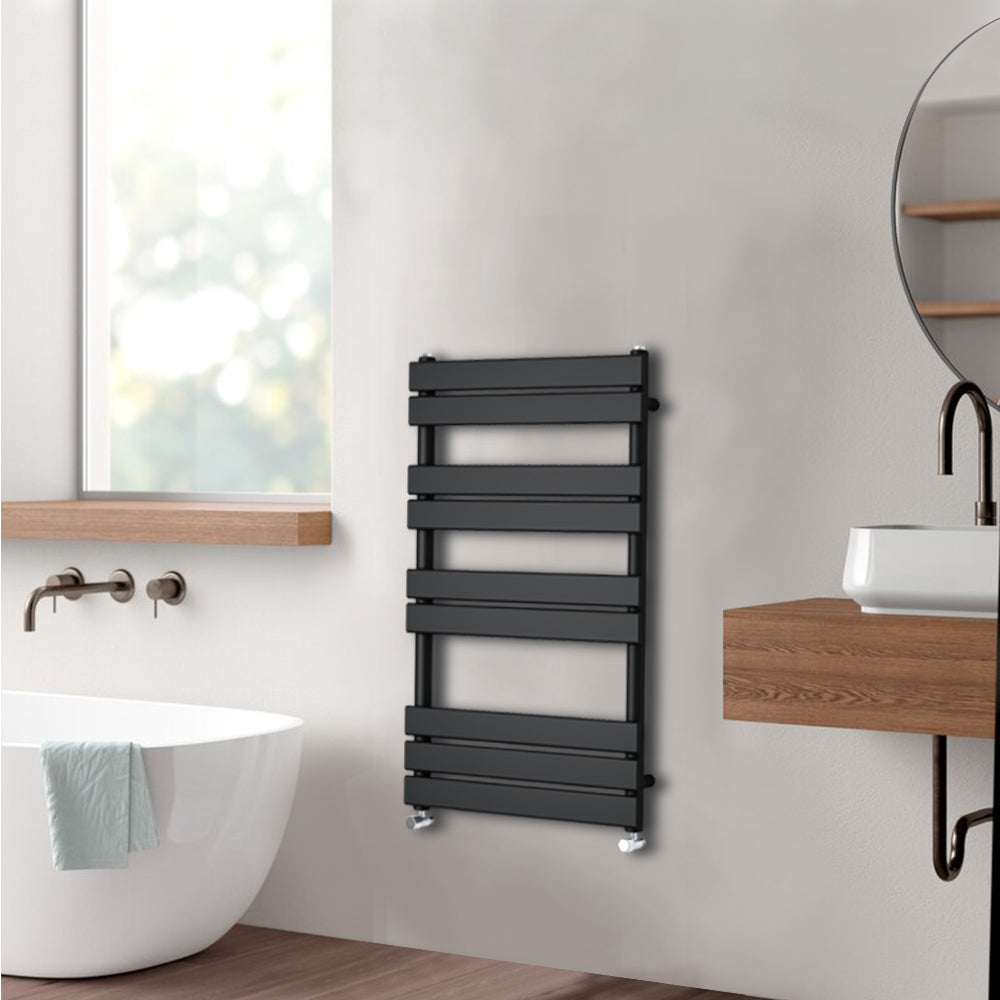 Valeno 1000x600mm Black Heated Towel Rail – Flat Panel, Vertical Mount, Matt Finish