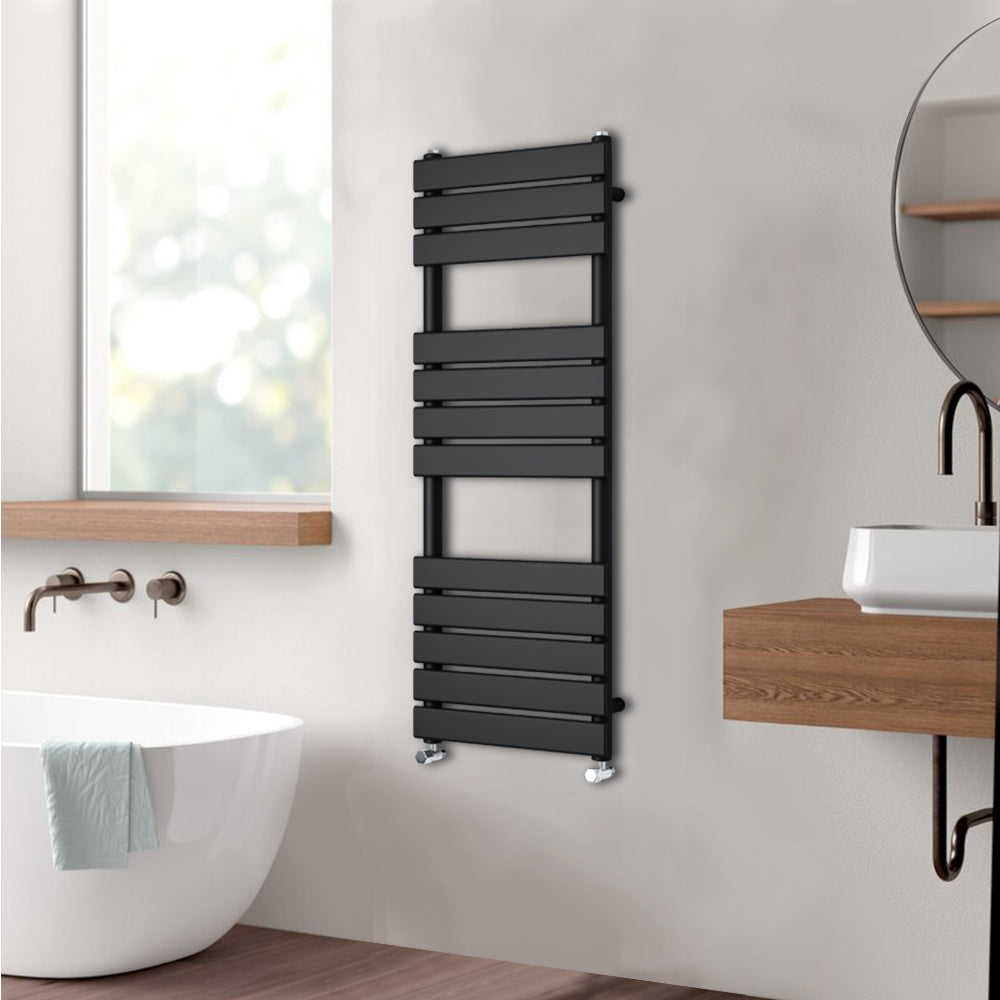 Valeno 1200x600mm Black Heated Towel Rail – Flat Panel, Vertical Mount, Matt Finish