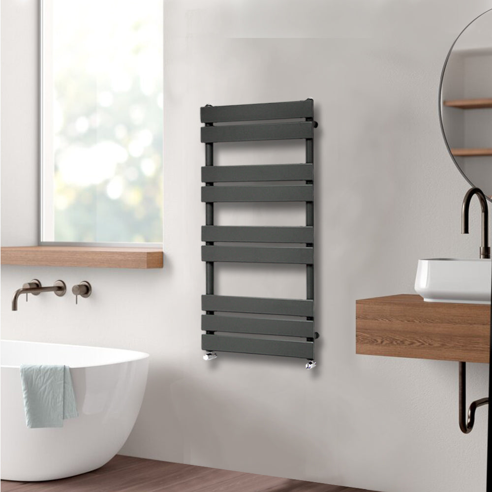 Valeno 1000x600mm Grey Heated Towel Rail – Flat Panel, Vertical Mount, Matt Finish