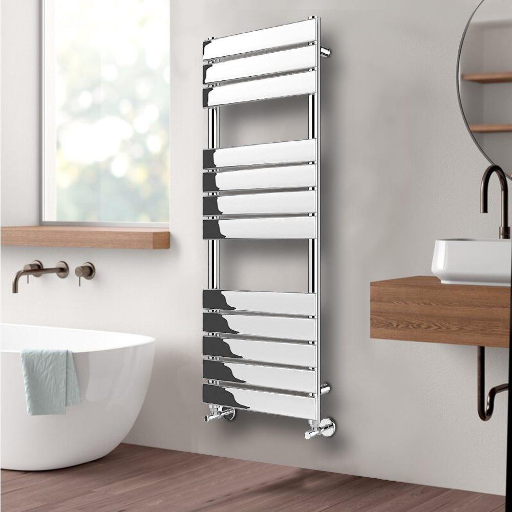 Valeno 1200x450mm Chrome Heated Towel Rail – Flat Panel, Vertical Mount, Polished Finish