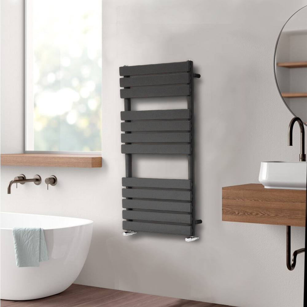 Valeno 1200x600mm Grey Heated Towel Rail – Flat Panel, Vertical Mount, Matt Finish