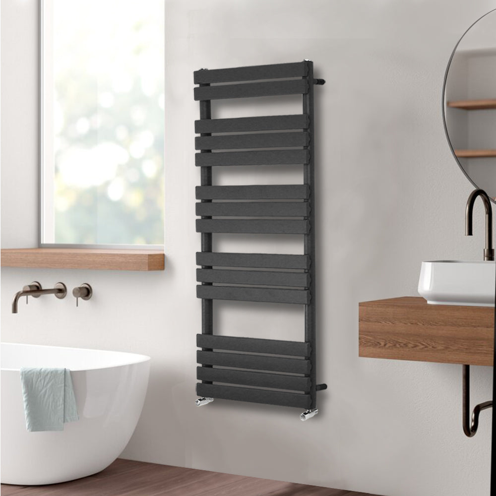 Valeno 1600x600mm Grey Heated Towel Rail – Flat Panel, Vertical Mount, Matt Finish