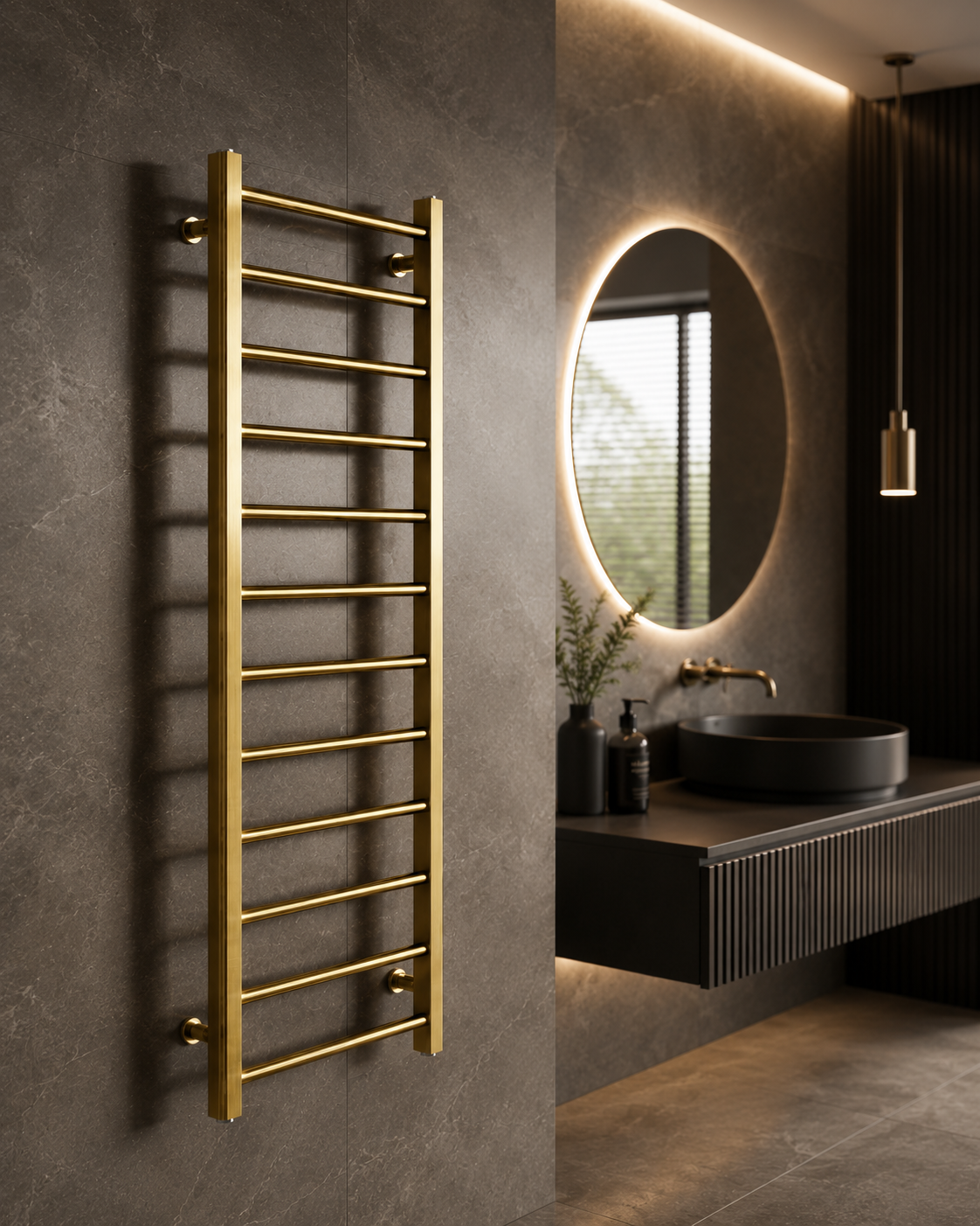 Rivena 1200x500mm Brushed Gold Heated Towel Rail – Slimline 12 Bar Ladder Radiator