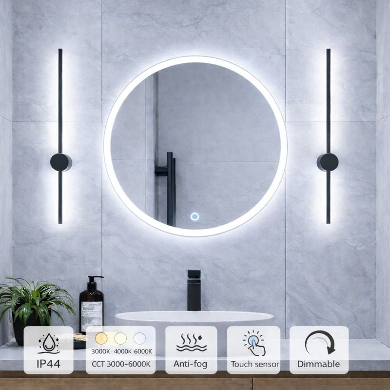 Lumora 600mm Round Edge-Frosted LED Bathroom Mirror – Tri-Colour Dimmable, Touch & Demister