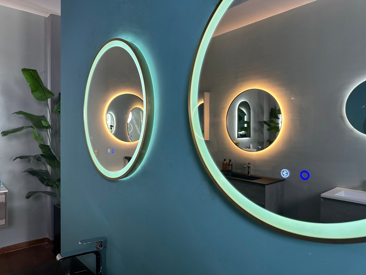 600mm Round Brushed Gold Dimmable LED Bathroom Mirror – Bluetooth, Front - Lit Tri - Light & Anti - Fog | Lumora - TILES Paradise