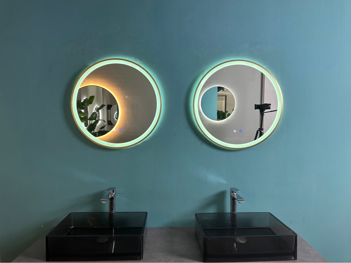 600mm Round Brushed Gold Dimmable LED Bathroom Mirror – Bluetooth, Front - Lit Tri - Light & Anti - Fog | Lumora - TILES Paradise