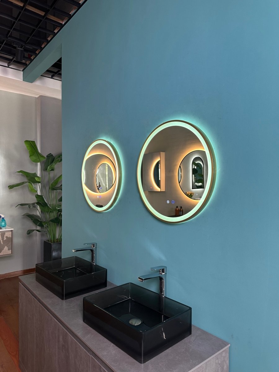 600mm Round Brushed Gold Dimmable LED Bathroom Mirror – Bluetooth, Front - Lit Tri - Light & Anti - Fog | Lumora - TILES Paradise