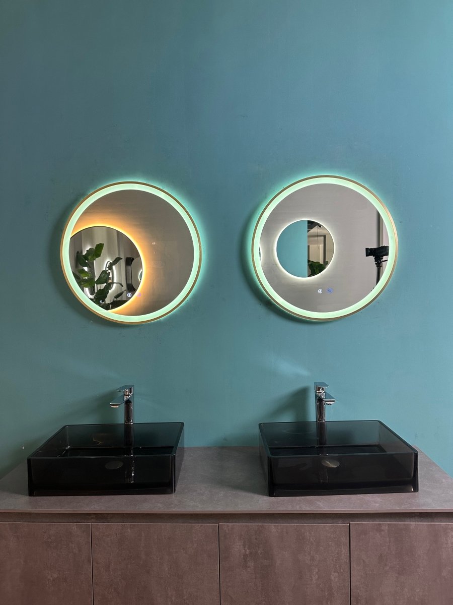 600mm Round Brushed Gold Dimmable LED Bathroom Mirror – Bluetooth, Front - Lit Tri - Light & Anti - Fog | Lumora - TILES Paradise
