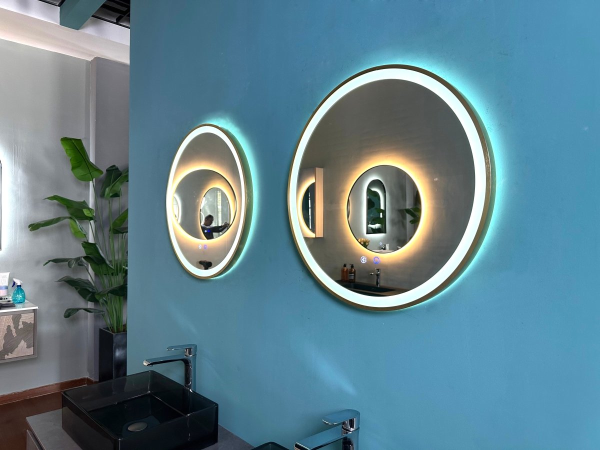 600mm Round Brushed Gold Dimmable LED Bathroom Mirror – Bluetooth, Front - Lit Tri - Light & Anti - Fog | Lumora - TILES Paradise