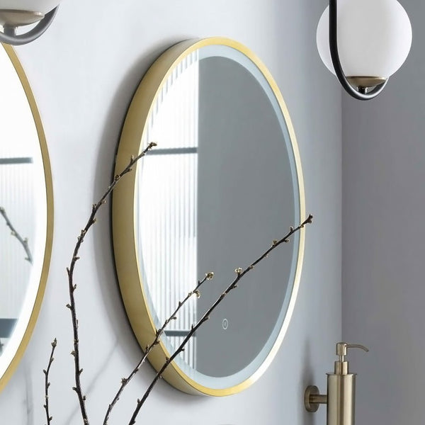 600mm Round Brushed Gold Dimmable LED Bathroom Mirror – Bluetooth, Front-Lit Tri-Light & Anti-Fog | Lumora