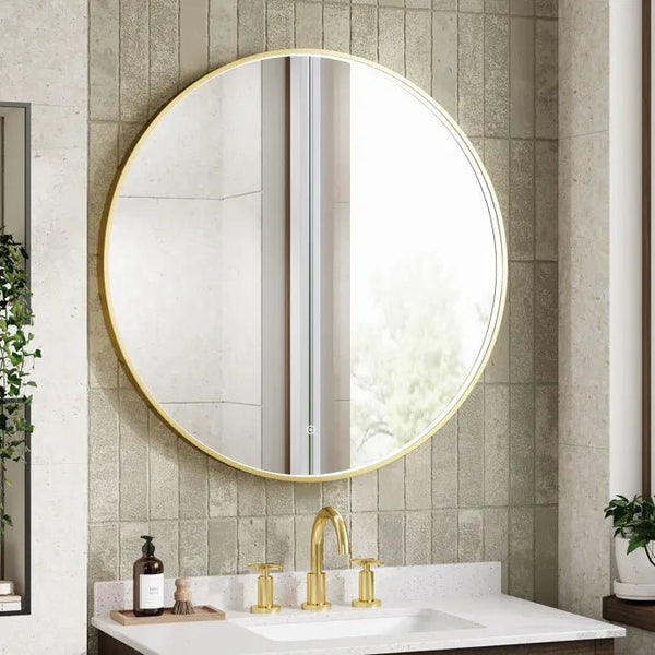 600mm Round Brushed Gold Illuminated Dimmable LED Bathroom Mirror – Front-Lit, Tri-Light & Anti-Fog | Lumora