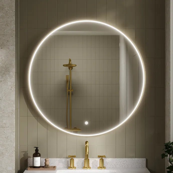 600mm Round Brushed Gold Illuminated Dimmable LED Bathroom Mirror – Front-Lit, Tri-Light & Anti-Fog | Lumora - TILES Paradise