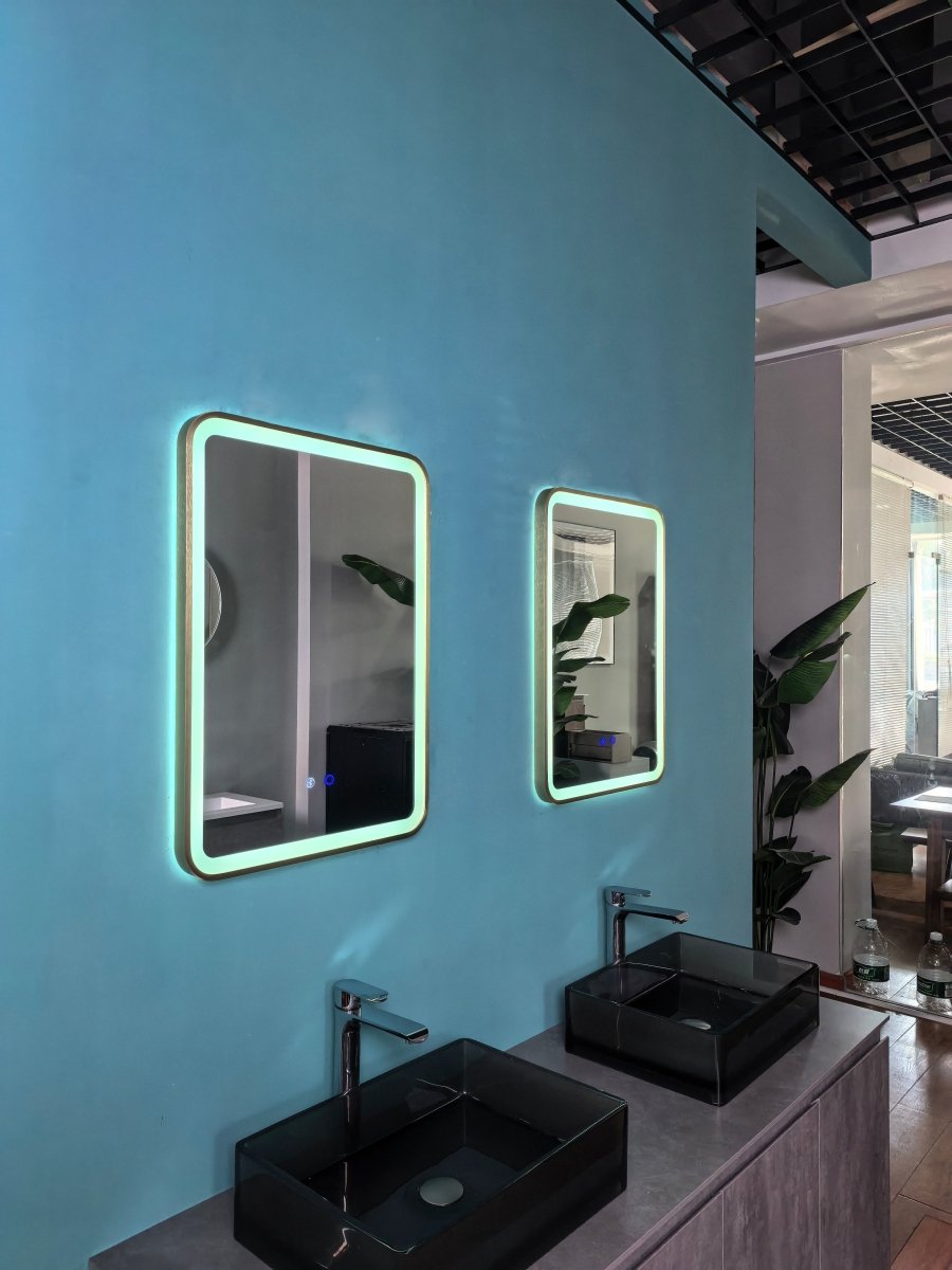 700x500mm Rectangular Brushed Gold Dimmable LED Bathroom Mirror – Bluetooth, Portrait or Landscape, Tri - Light & Anti - Fog | Lumora - TILES Paradise