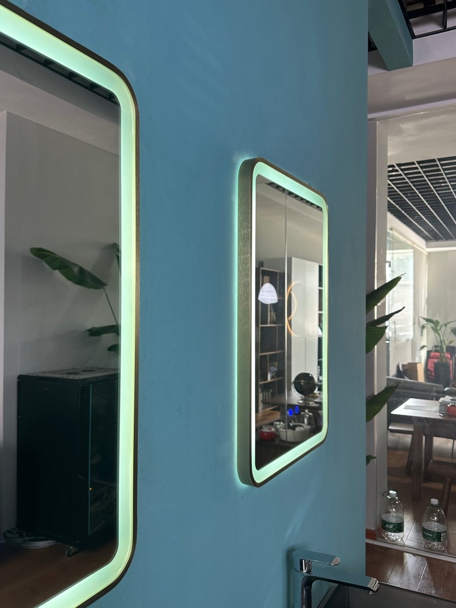 700x500mm Rectangular Brushed Gold Dimmable LED Bathroom Mirror – Bluetooth, Portrait or Landscape, Tri - Light & Anti - Fog | Lumora - TILES Paradise