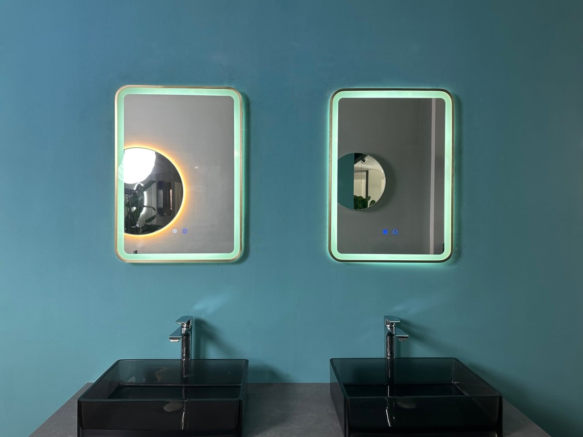 700x500mm Rectangular Brushed Gold Dimmable LED Bathroom Mirror – Bluetooth, Portrait or Landscape, Tri - Light & Anti - Fog | Lumora - TILES Paradise