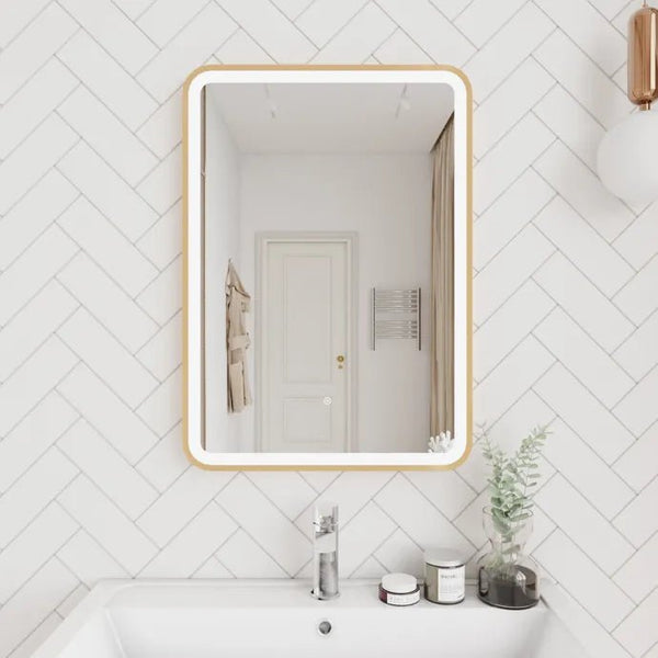 700x500mm Rectangular Brushed Gold Dimmable LED Bathroom Mirror – Bluetooth, Portrait or Landscape, Tri-Light & Anti-Fog | Lumora