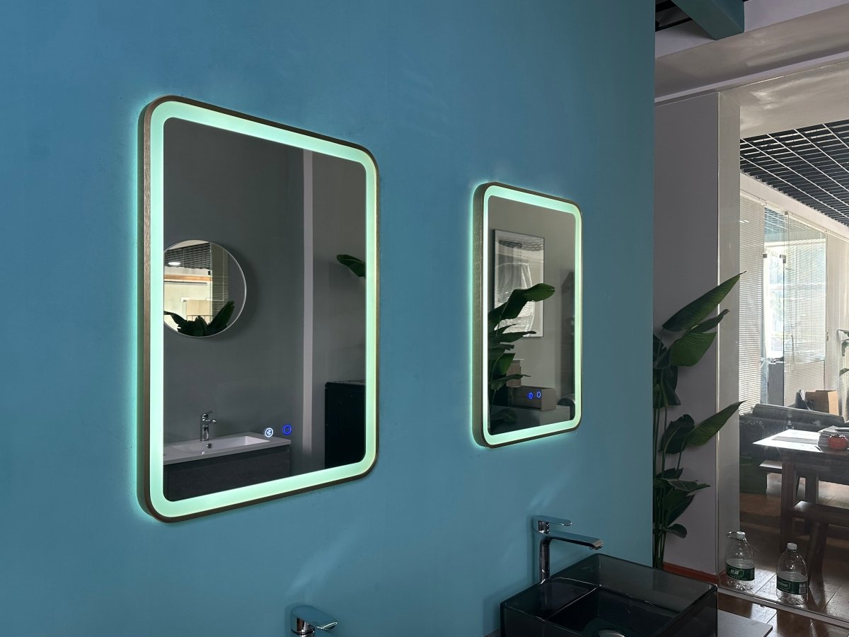 700x500mm Rectangular Brushed Gold Dimmable LED Bathroom Mirror – Bluetooth, Portrait or Landscape, Tri - Light & Anti - Fog | Lumora - TILES Paradise