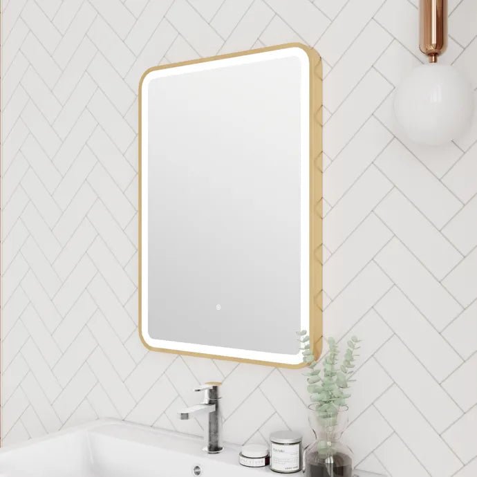 700x500mm Rectangular Brushed Gold Dimmable LED Bathroom Mirror – Bluetooth, Portrait or Landscape, Tri-Light & Anti-Fog | Lumora - TILES Paradise