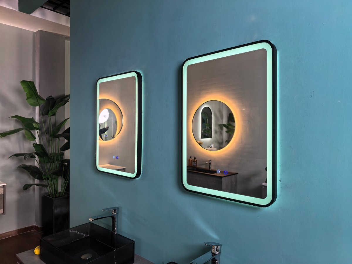 700x500mm Rectangular Matt Black Dimmable LED Bathroom Mirror – Bluetooth, Portrait or Landscape, Tri - Light & Anti - Fog | Lumora - TILES Paradise