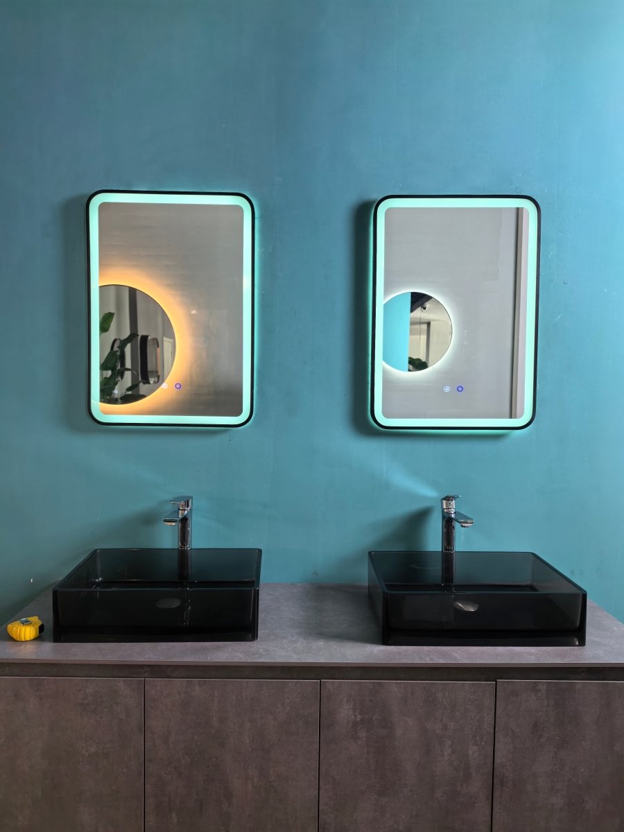 700x500mm Rectangular Matt Black Dimmable LED Bathroom Mirror – Bluetooth, Portrait or Landscape, Tri - Light & Anti - Fog | Lumora - TILES Paradise