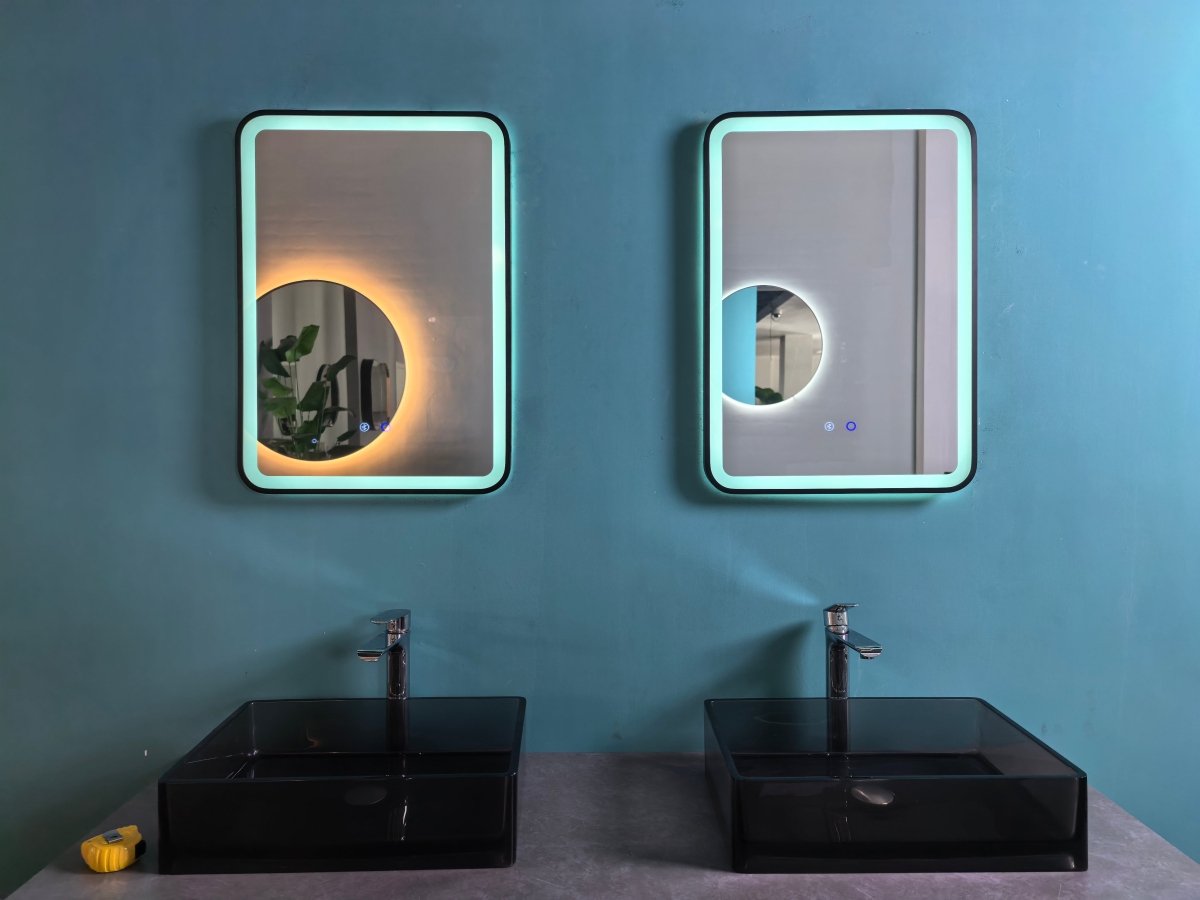 700x500mm Rectangular Matt Black Dimmable LED Bathroom Mirror – Bluetooth, Portrait or Landscape, Tri - Light & Anti - Fog | Lumora - TILES Paradise