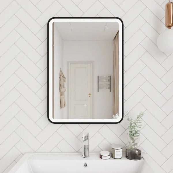 700x500mm Rectangular Matt Black Dimmable LED Bathroom Mirror – Bluetooth, Portrait or Landscape, Tri-Light & Anti-Fog | Lumora