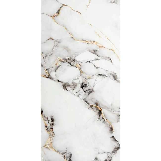 Large format grey marble effect floor tiles in a modern bathroom
