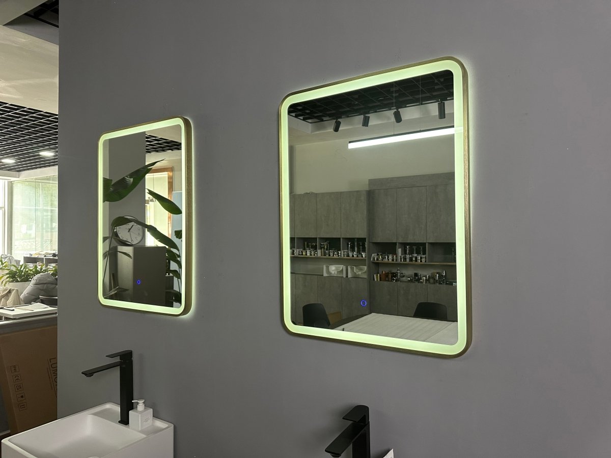 800x600mm Rectangular Brushed Gold Dimmable LED Bathroom Mirror – Portrait or Landscape, Tri - Light & Anti - Fog | Lumora - TILES Paradise