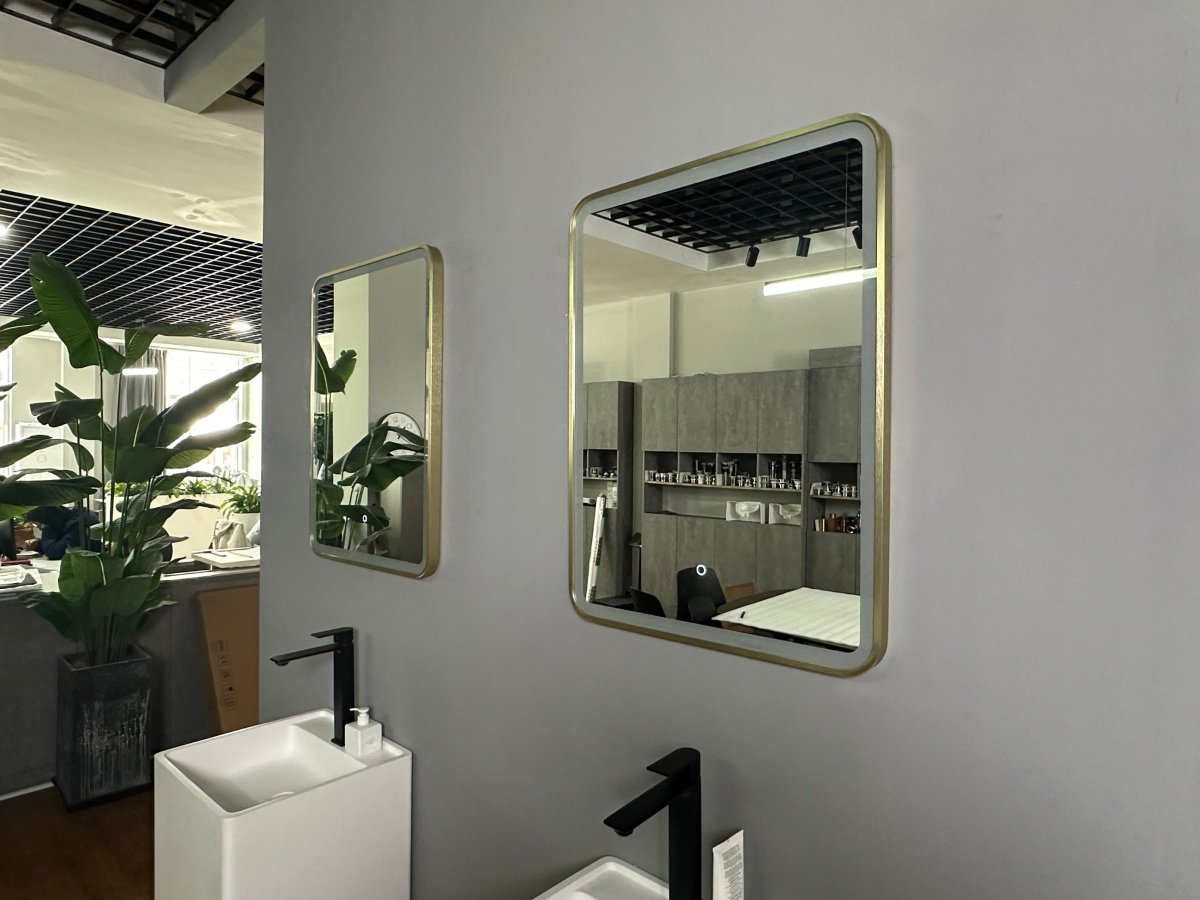 800x600mm Rectangular Brushed Gold Dimmable LED Bathroom Mirror – Portrait or Landscape, Tri - Light & Anti - Fog | Lumora - TILES Paradise