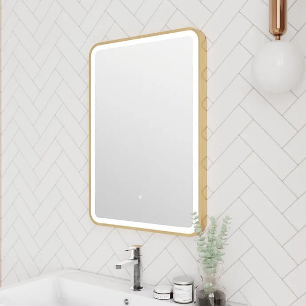 800x600mm Rectangular Brushed Gold Dimmable LED Bathroom Mirror – Portrait or Landscape, Tri-Light & Anti-Fog | Lumora