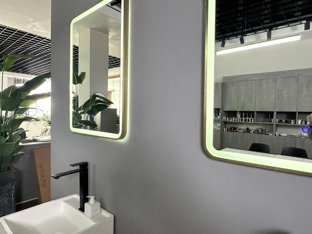 800x600mm Rectangular Brushed Gold Dimmable LED Bathroom Mirror – Portrait or Landscape, Tri - Light & Anti - Fog | Lumora - TILES Paradise