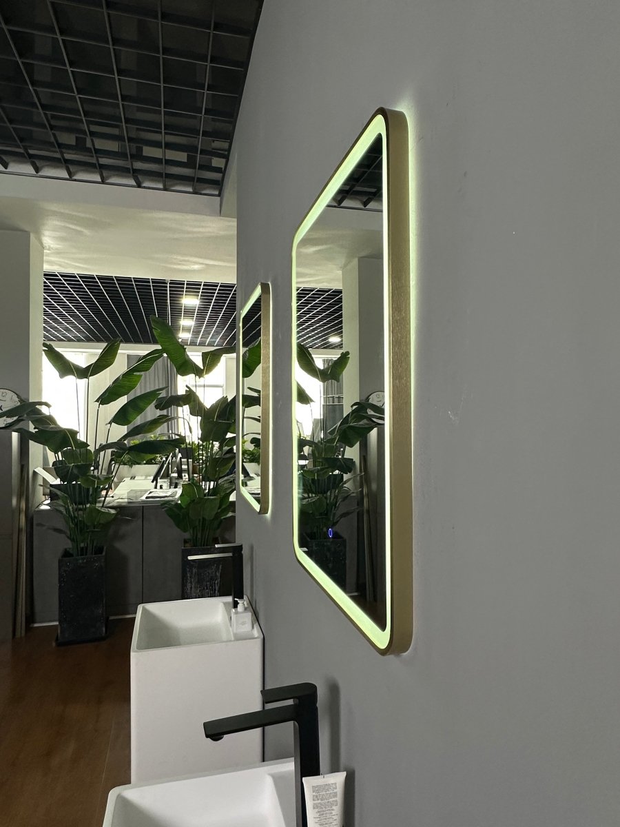 800x600mm Rectangular Brushed Gold Dimmable LED Bathroom Mirror – Portrait or Landscape, Tri - Light & Anti - Fog | Lumora - TILES Paradise