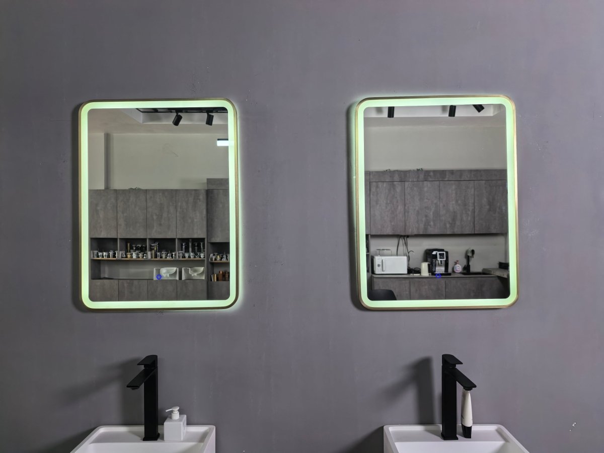 800x600mm Rectangular Brushed Gold Dimmable LED Bathroom Mirror – Portrait or Landscape, Tri - Light & Anti - Fog | Lumora - TILES Paradise