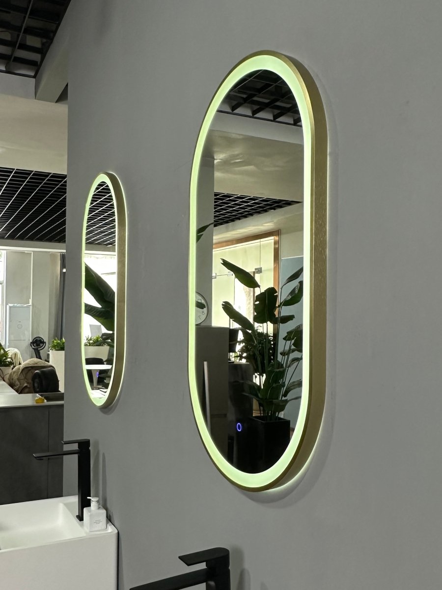 900x500mm Oval Brushed Gold Dimmable LED Bathroom Mirror – Pill Mirror, Frosted Front - Lit Tri - Light & Anti - Fog | Lumora - TILES Paradise