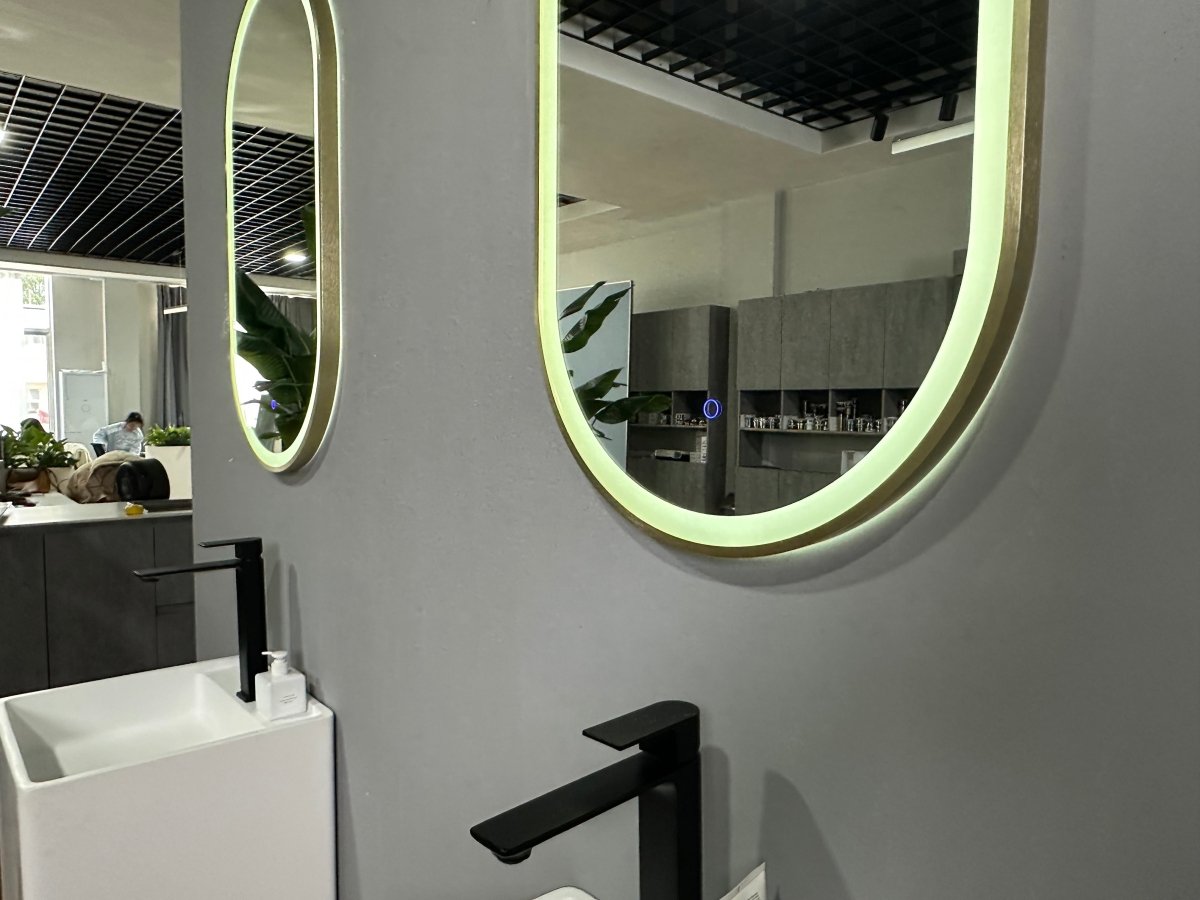 900x500mm Oval Brushed Gold Dimmable LED Bathroom Mirror – Pill Mirror, Frosted Front - Lit Tri - Light & Anti - Fog | Lumora - TILES Paradise