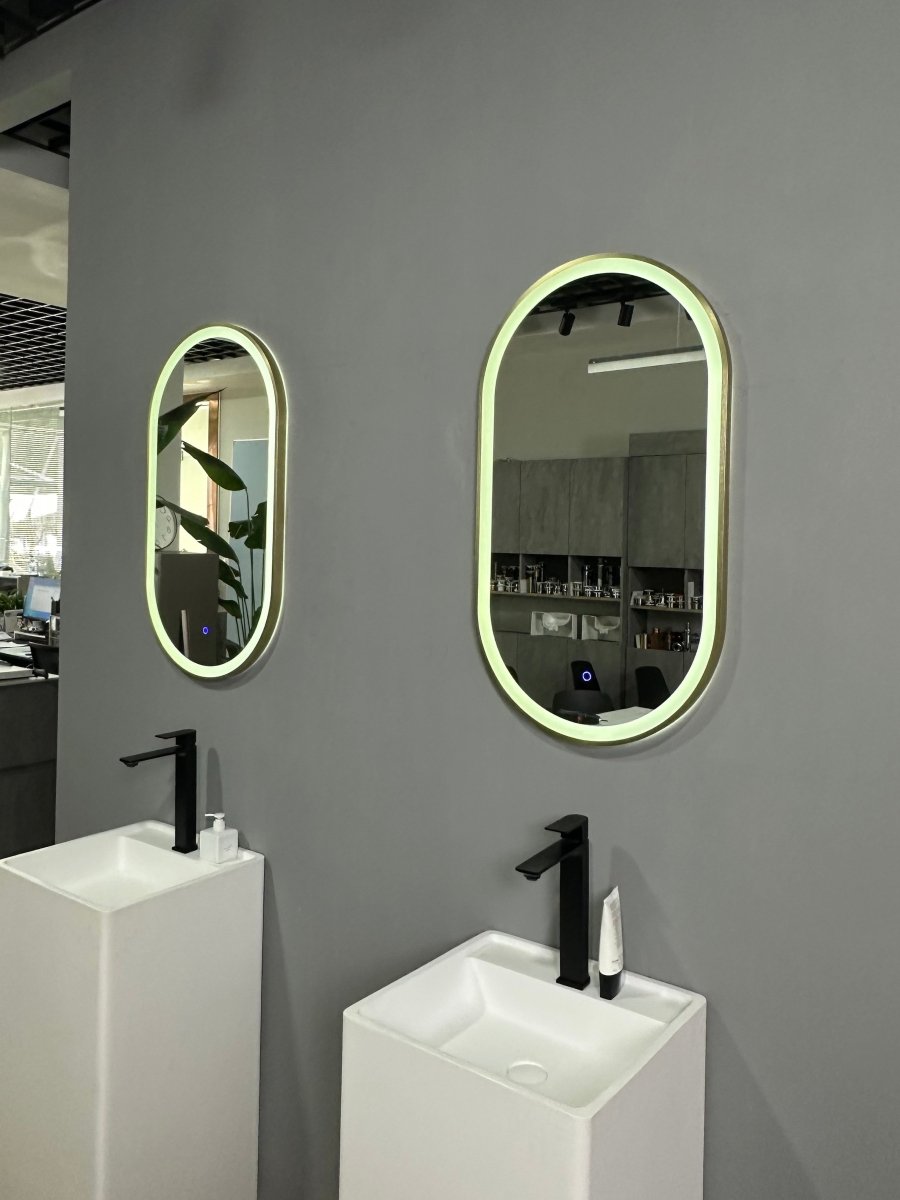 900x500mm Oval Brushed Gold Dimmable LED Bathroom Mirror – Pill Mirror, Frosted Front - Lit Tri - Light & Anti - Fog | Lumora - TILES Paradise