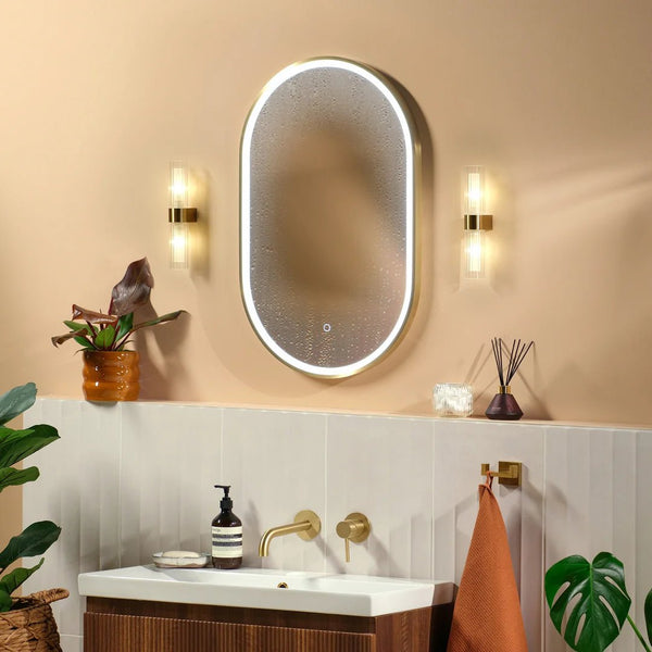 900x500mm Oval Brushed Gold Dimmable LED Bathroom Mirror – Pill Mirror, Frosted Front-Lit Tri-Light & Anti-Fog | Lumora