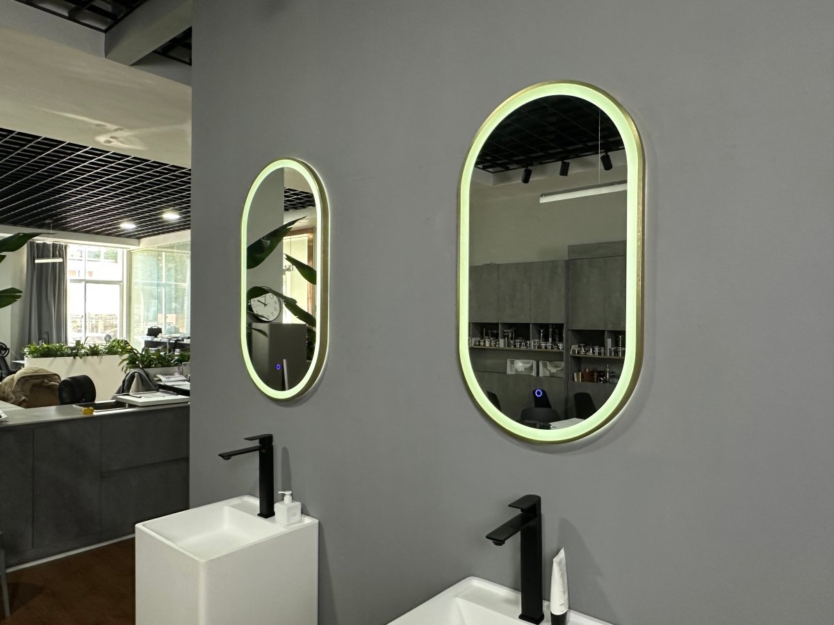 900x500mm Oval Brushed Gold Dimmable LED Bathroom Mirror – Pill Mirror, Frosted Front - Lit Tri - Light & Anti - Fog | Lumora - TILES Paradise