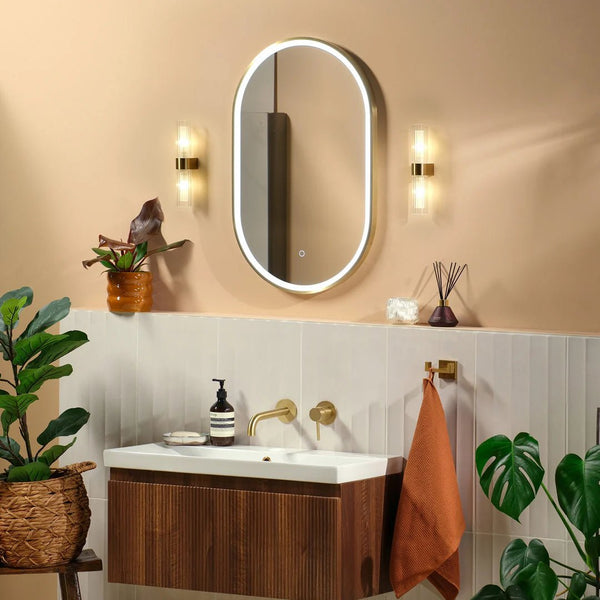 900x500mm Oval Brushed Gold Dimmable LED Bathroom Mirror – Pill Mirror, Frosted Front-Lit Tri-Light & Anti-Fog | Lumora
