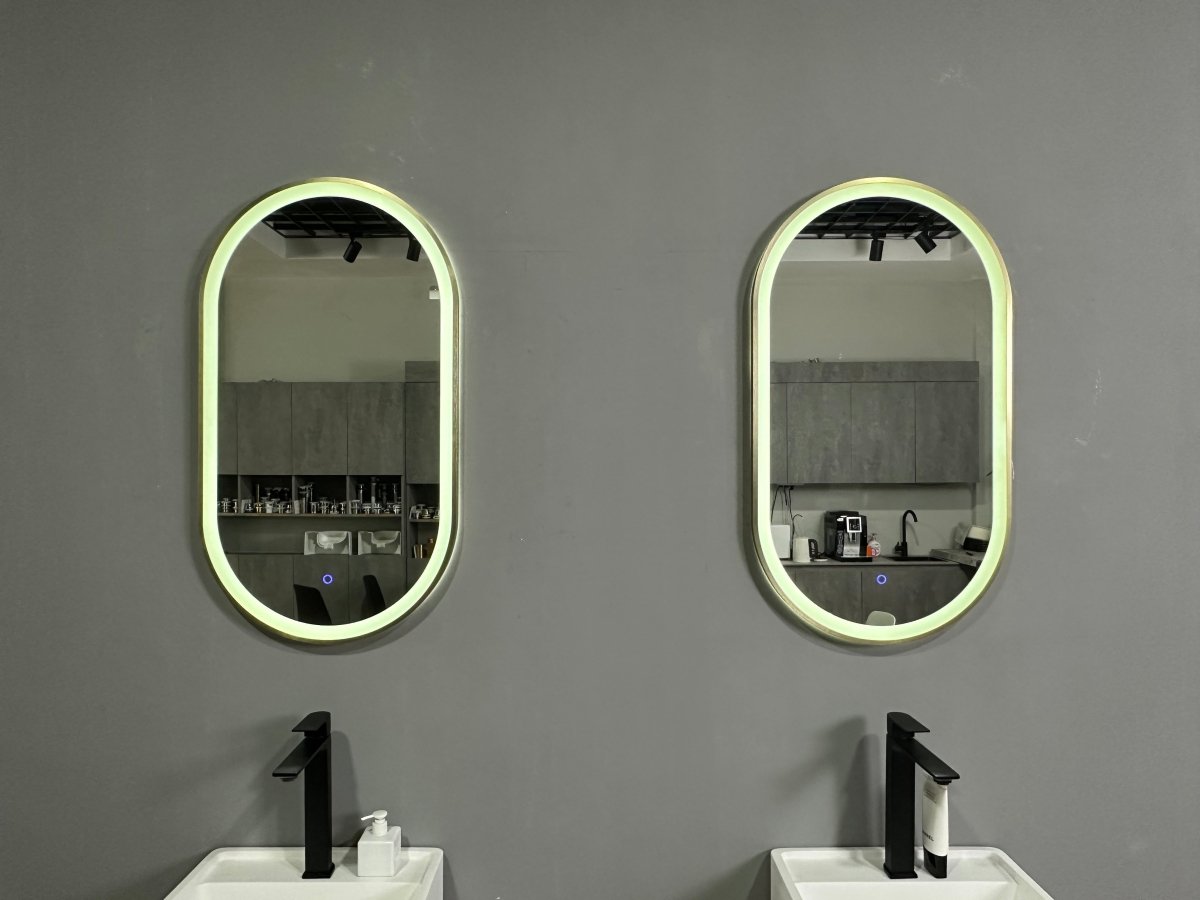 900x500mm Oval Brushed Gold Dimmable LED Bathroom Mirror – Pill Mirror, Frosted Front - Lit Tri - Light & Anti - Fog | Lumora - TILES Paradise