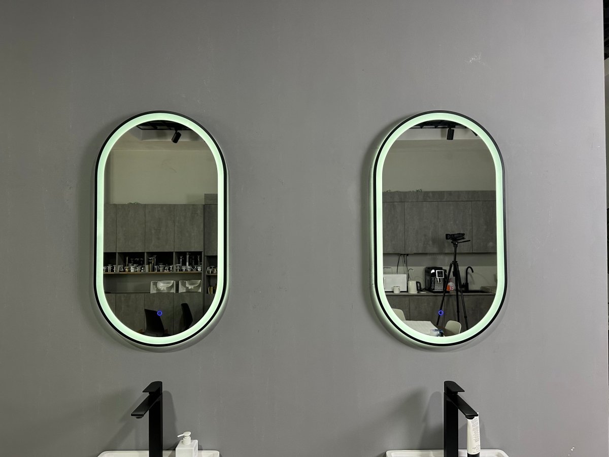 900x500mm Oval Matt Black Dimmable LED Bathroom Mirror – Pill Mirror, Frosted Front - Lit Tri - Light & Anti - Fog | Lumora - TILES Paradise